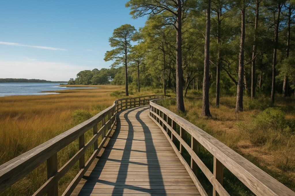 Boardwalk on one of the hiking trails near Jacksonville, NC through coastal marsh and pines