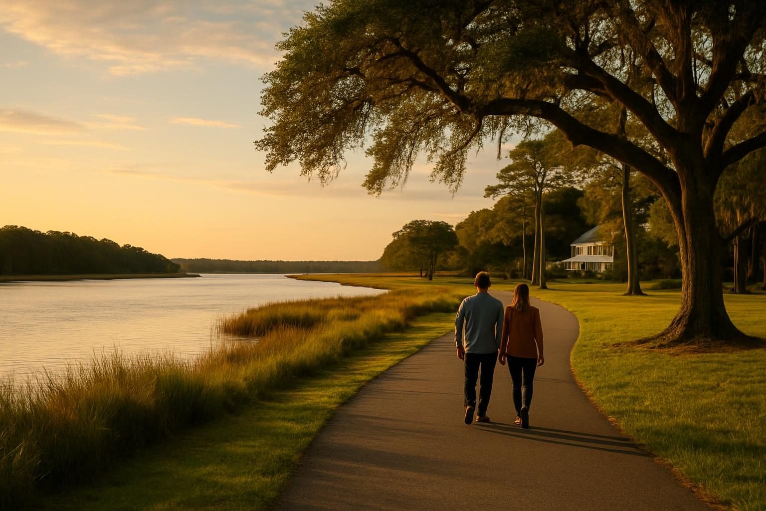 Couple walking along a riverfront path in a coastal North Carolina town