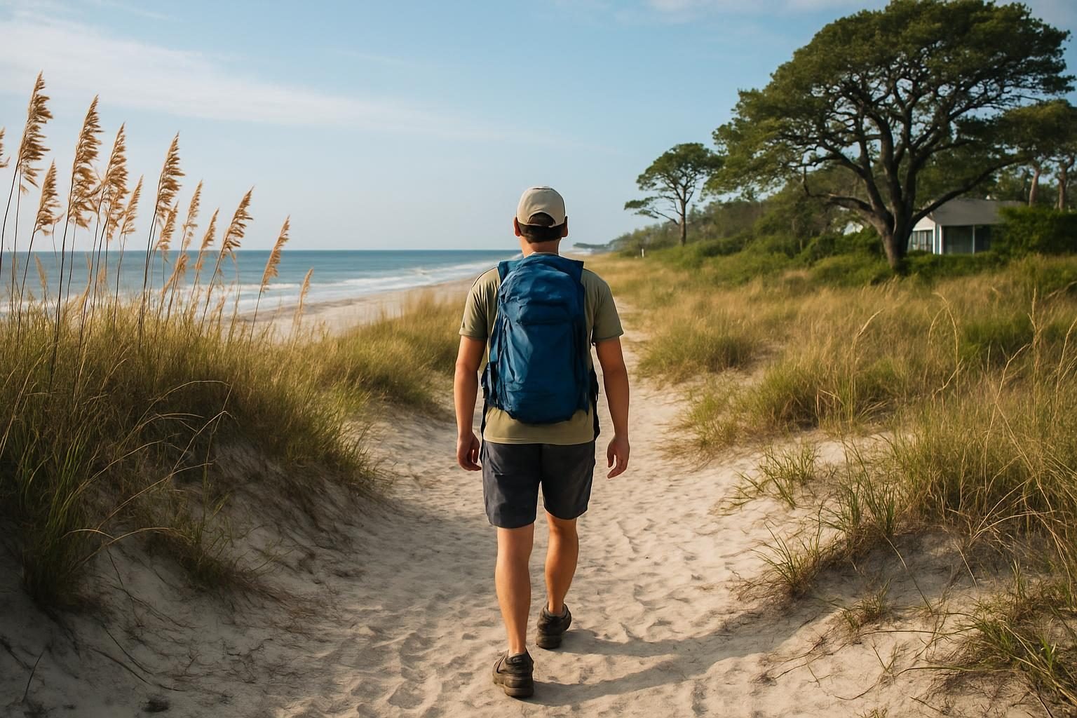 Hiker on a dune trail through sea oats on a North Carolina barrier island