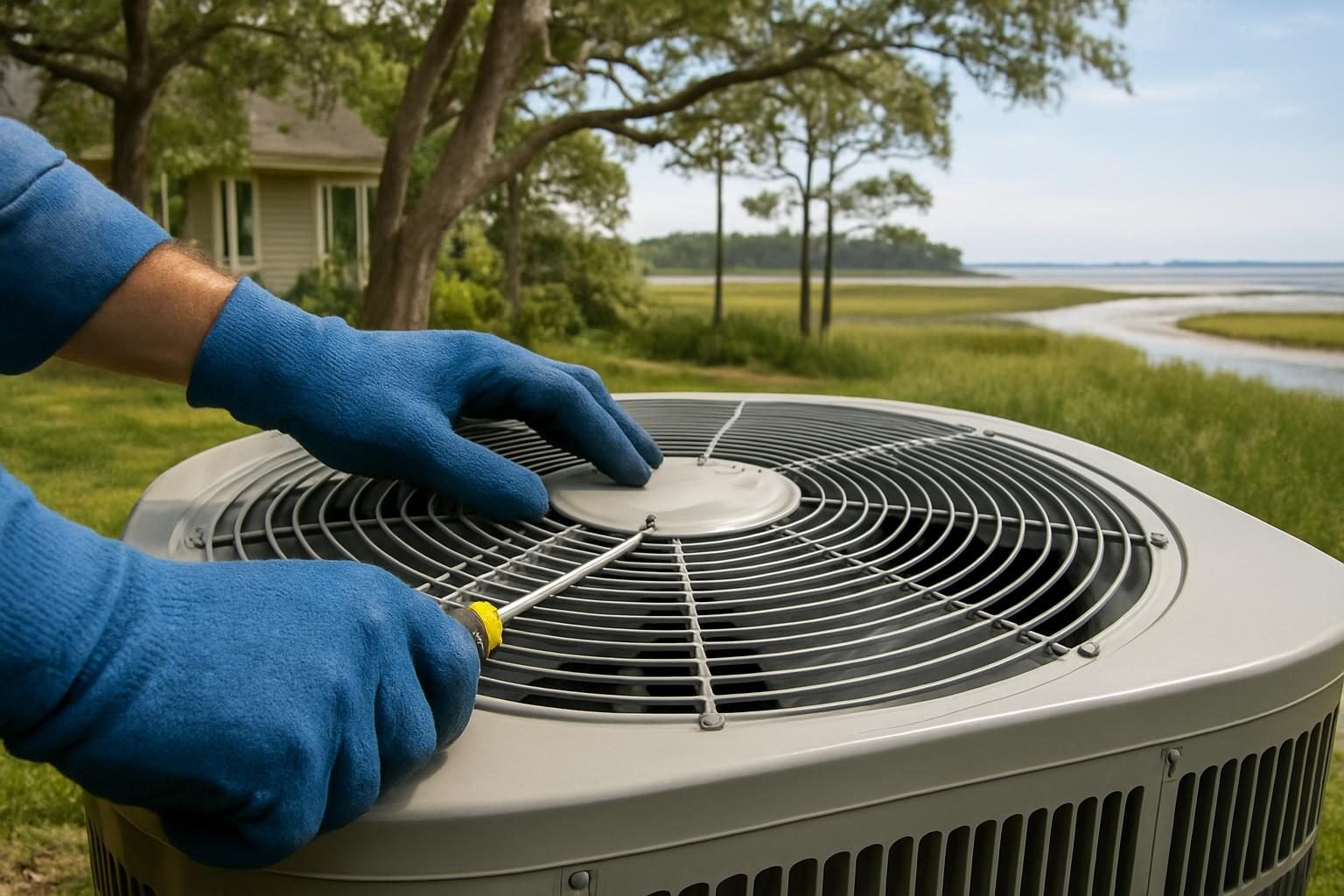 Technician inspecting an outdoor air conditioner condenser