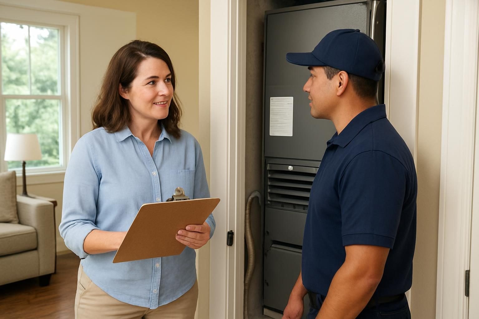 Homeowner reviewing an HVAC estimate with a technician