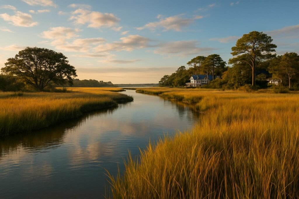 Coastal marsh near Jacksonville, NC, illustrating Jacksonville NC weather by month
