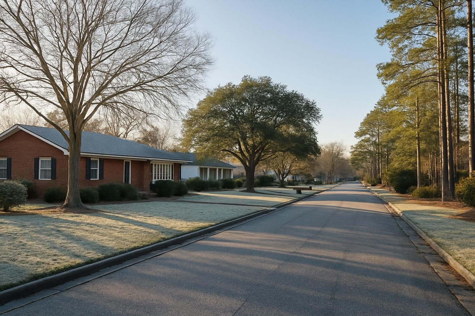 Winter morning frost on a quiet Onslow County neighborhood street