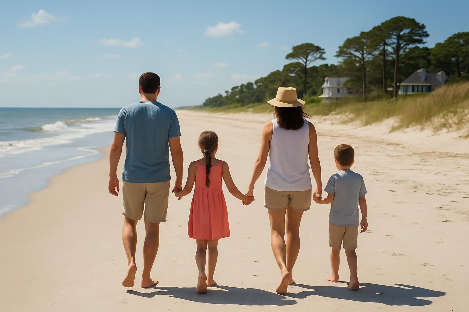 Family walking along a North Carolina beach in summer
