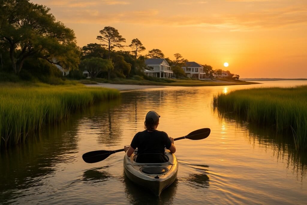 Kayaker paddling a marsh creek, kayaking salt marshes in Onslow County at sunrise
