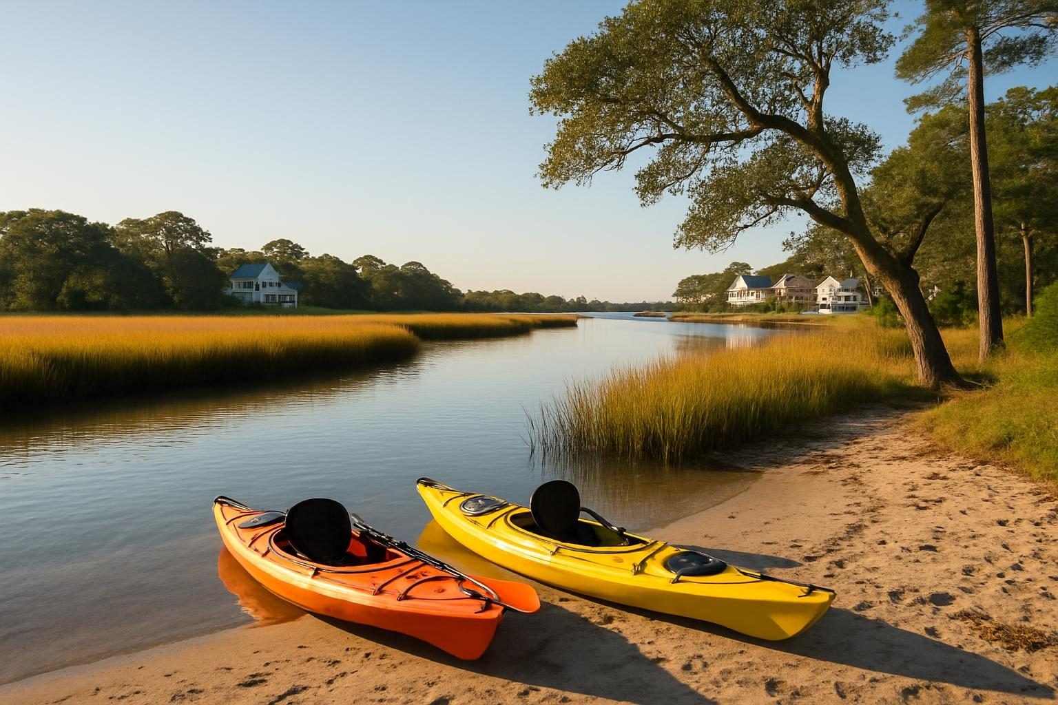 Two kayaks at a sandy launch beside a coastal salt marsh creek