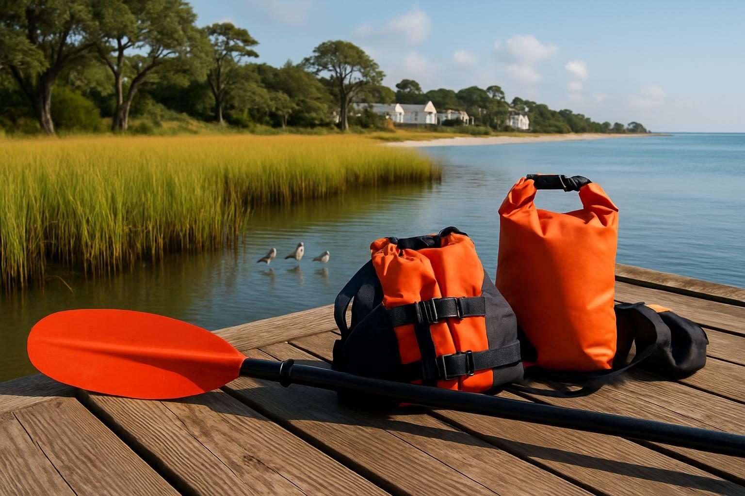 Life jacket, paddle and dry bag on a dock beside marsh water