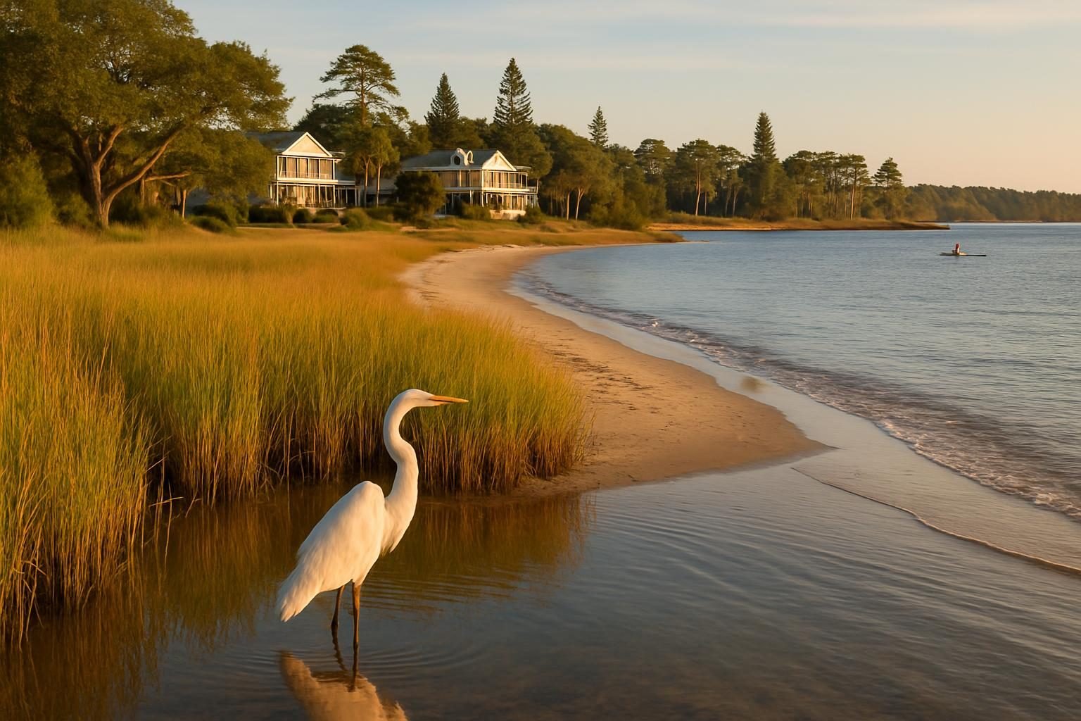 Egret wading at the edge of a coastal salt marsh in late afternoon