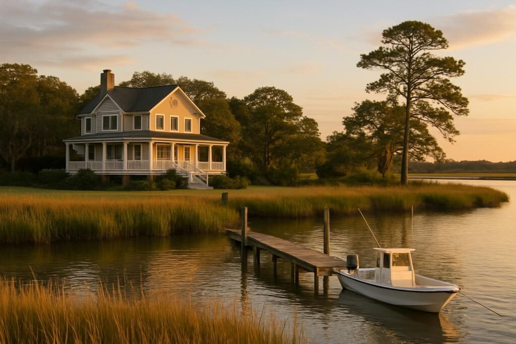 Waterfront home with a dock on the river, typical of living in Sneads Ferry NC