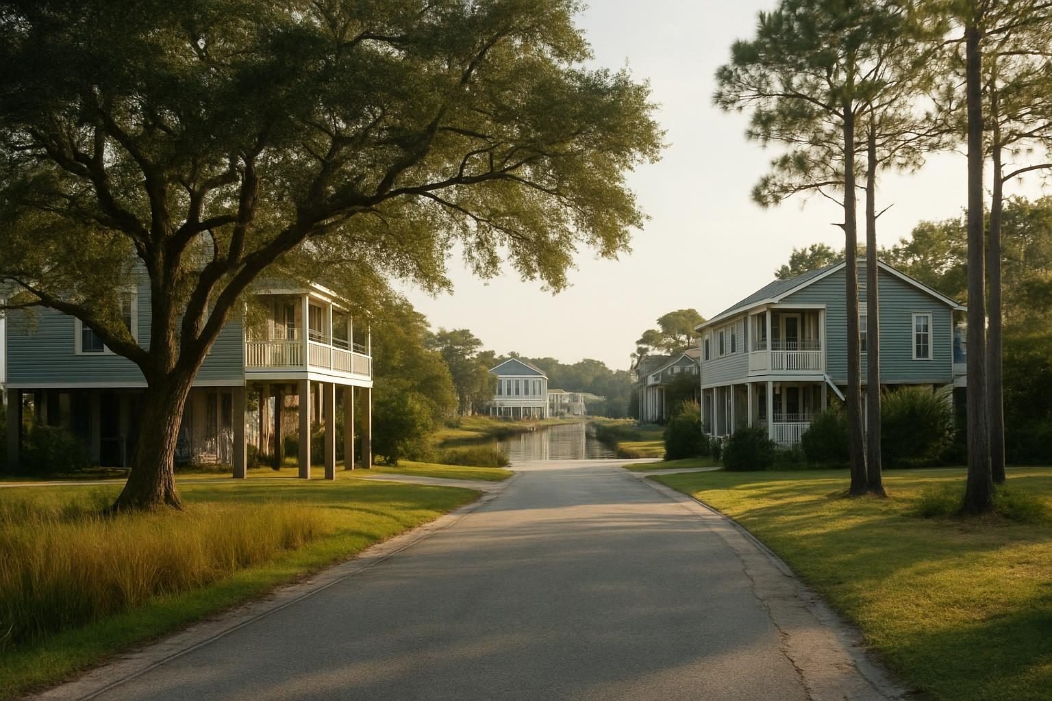 Elevated coastal homes beside a canal in a quiet neighborhood