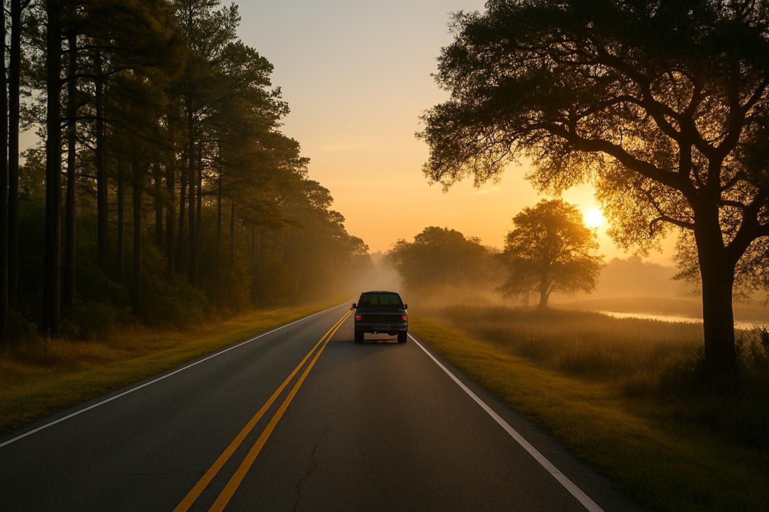 Rural coastal road at sunrise leading toward the base commute