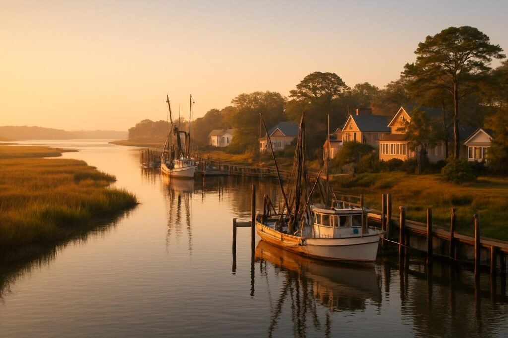 Living in Swansboro, NC: a quiet historic waterfront on the White Oak River at sunrise