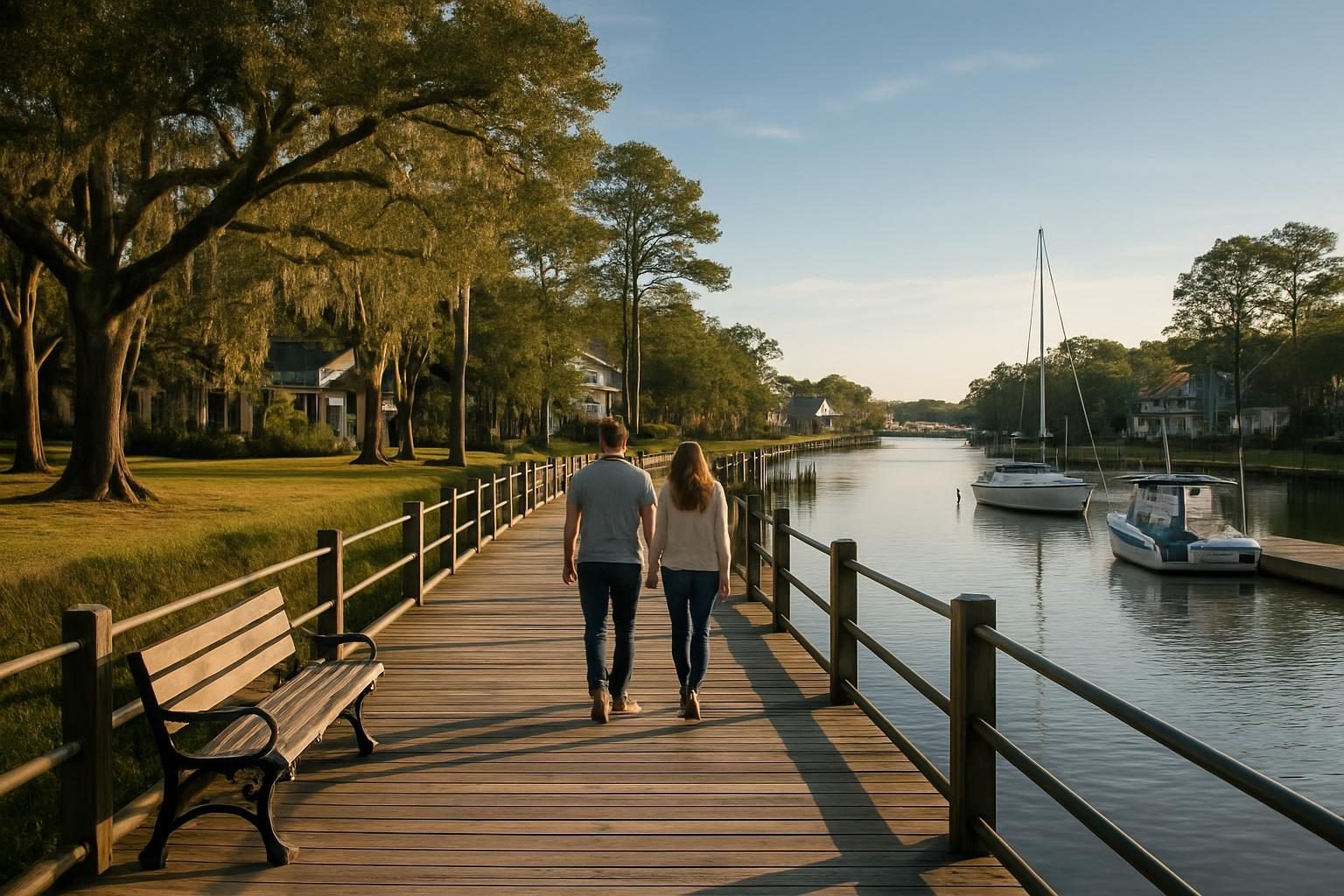 People strolling a small-town waterfront boardwalk beside moored boats