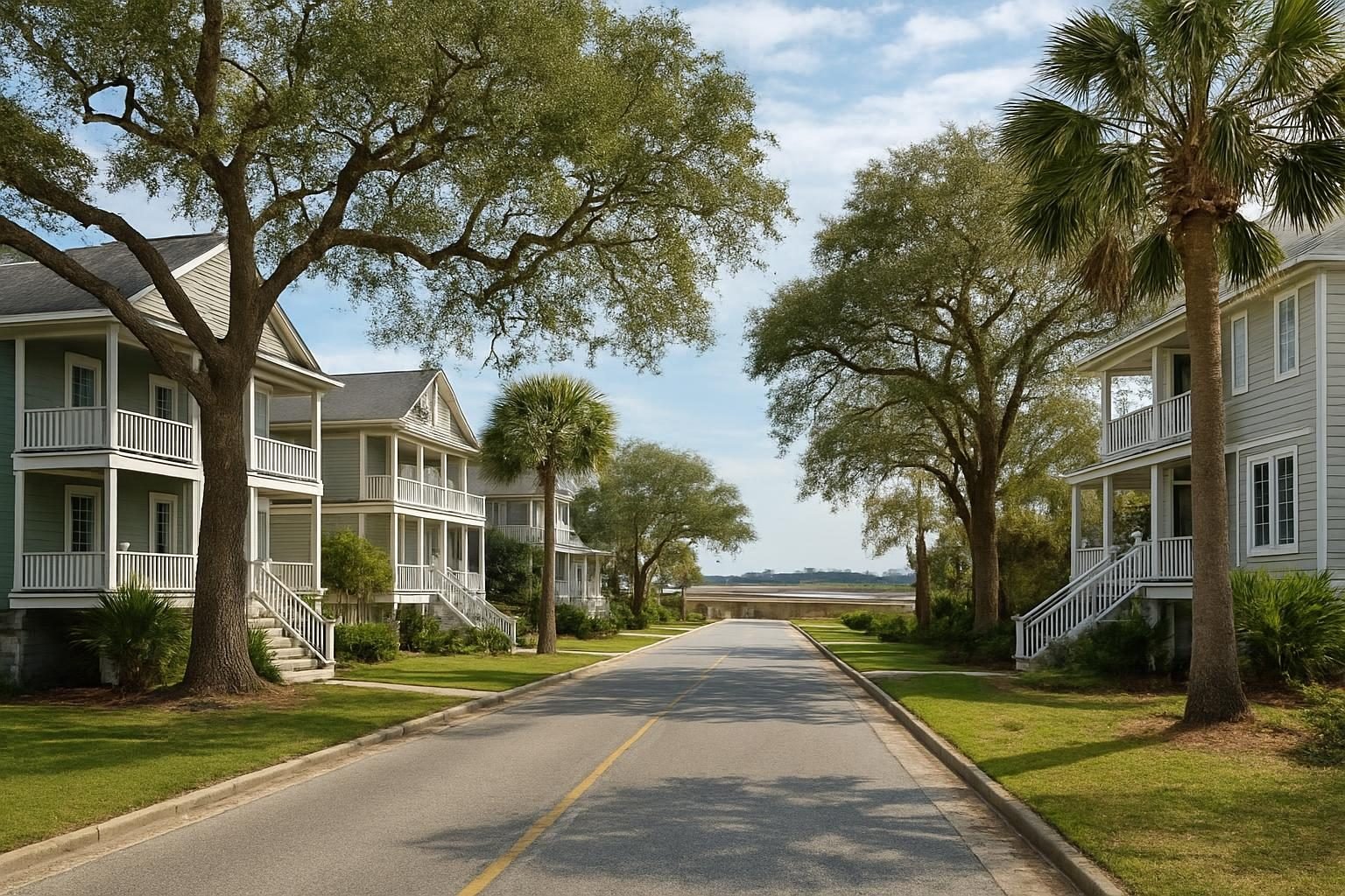 Elevated coastal cottages and newer homes near a tidal marsh