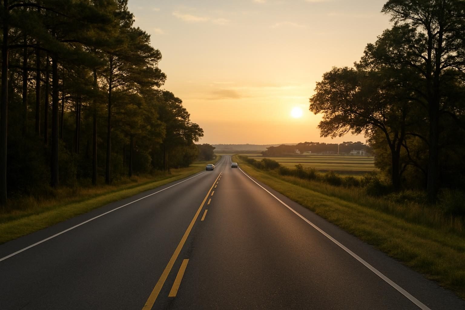 Highway through pine forest in Onslow County on the way to an air station