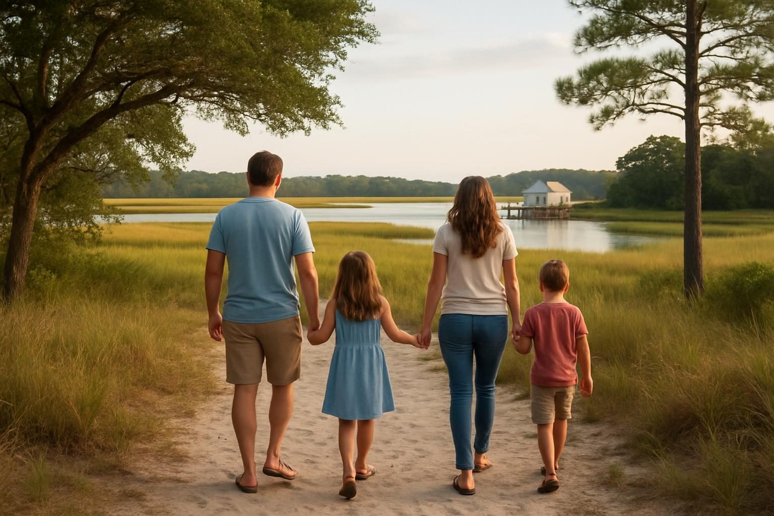 Family walking toward a marsh and dock in coastal Onslow County