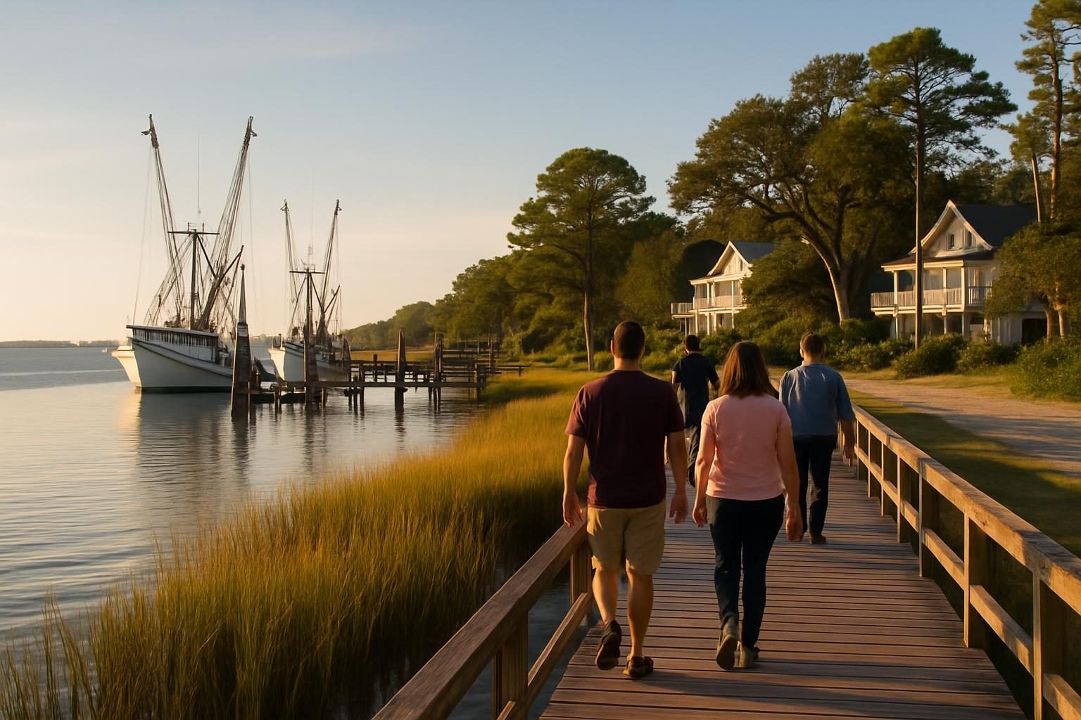 Small-town waterfront with docks and fishing boats in coastal Onslow County