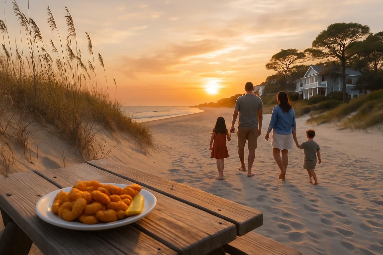 Family walking a Topsail Island beach at sunset near Jacksonville, NC