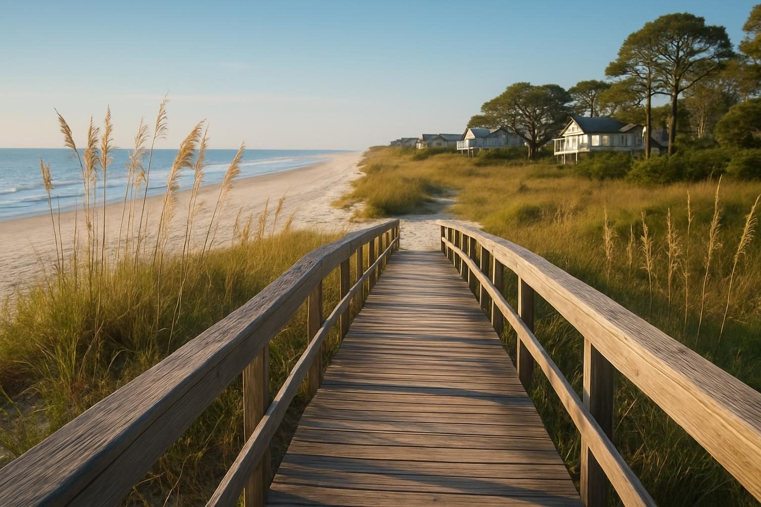 Wooden dune walkover through sea oats leading toward a coastal beach access point