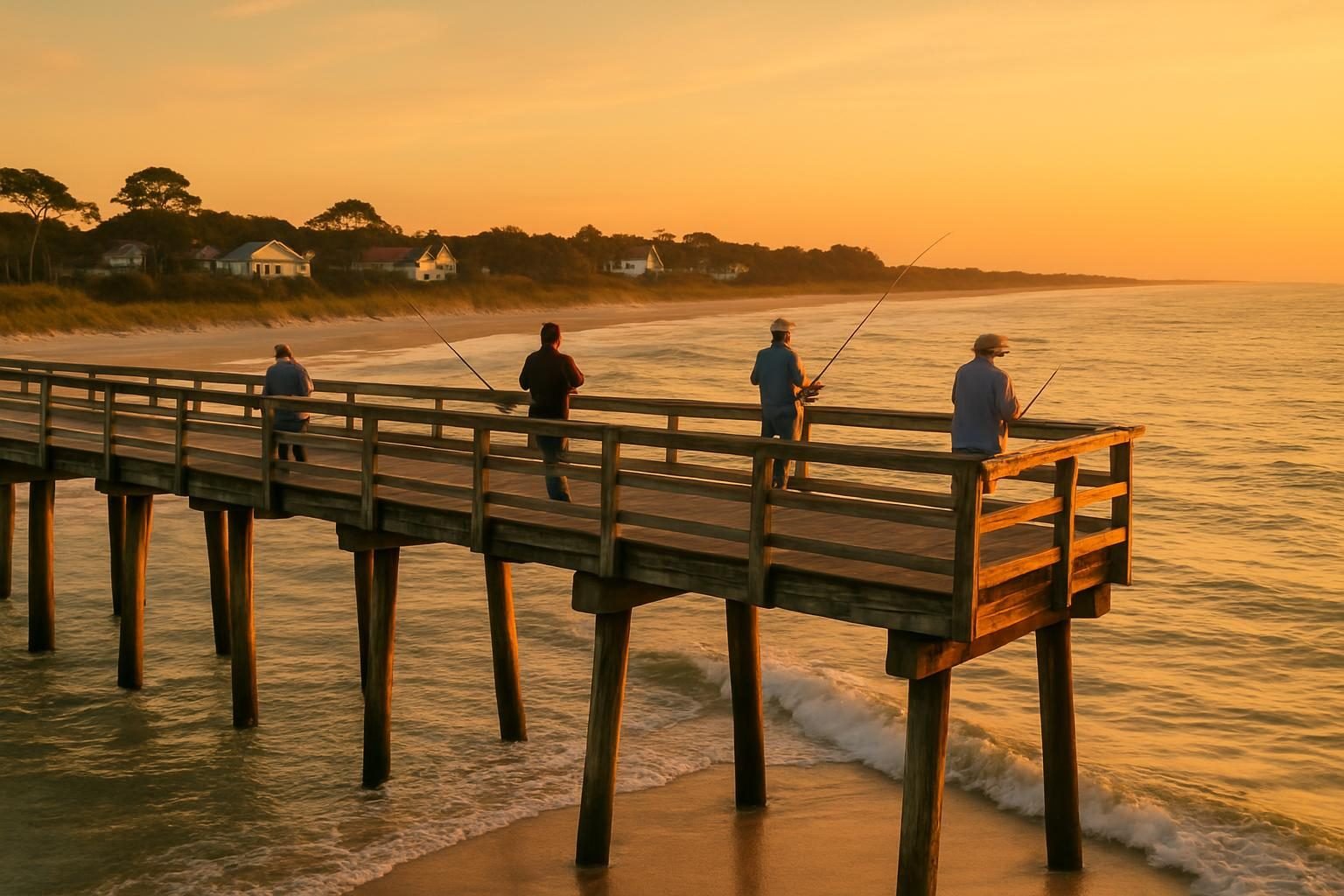 Anglers on a coastal fishing pier at golden hour above gentle surf
