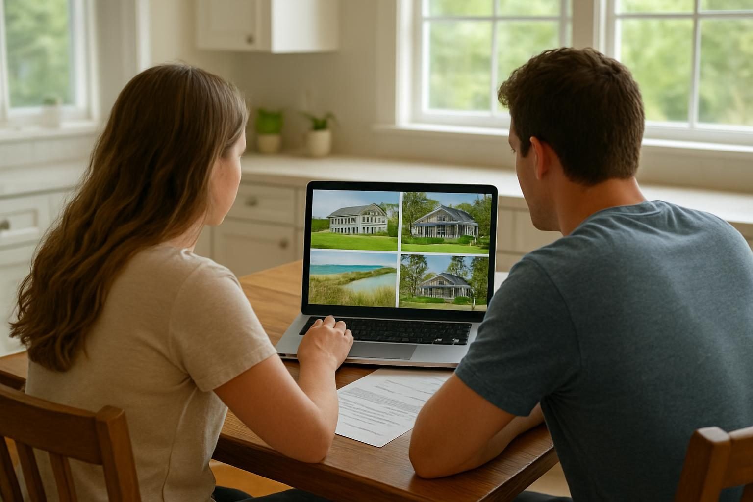 Couple reviewing housing paperwork and budget at a kitchen table