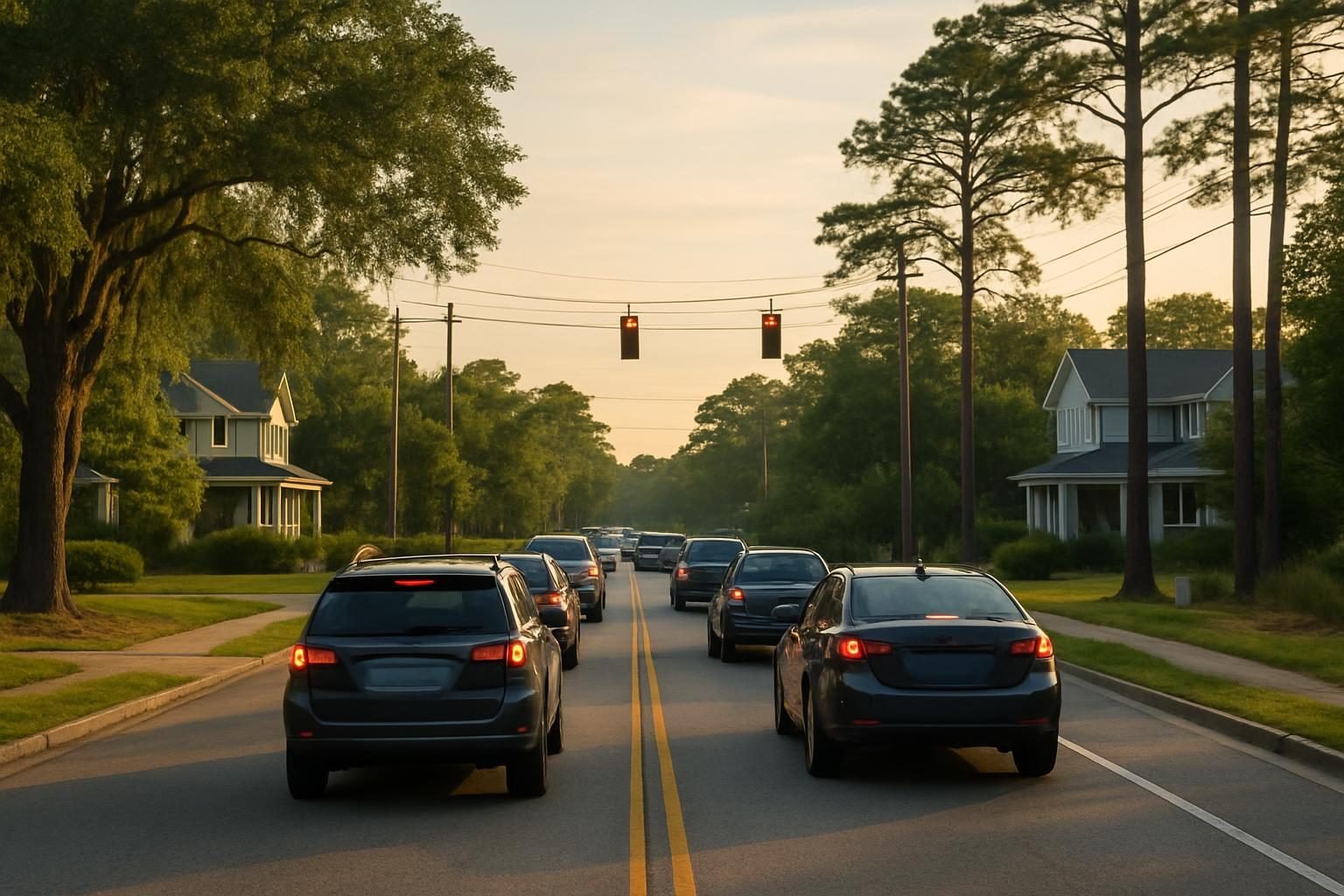 Morning commute traffic on a pine-lined road near a military installation