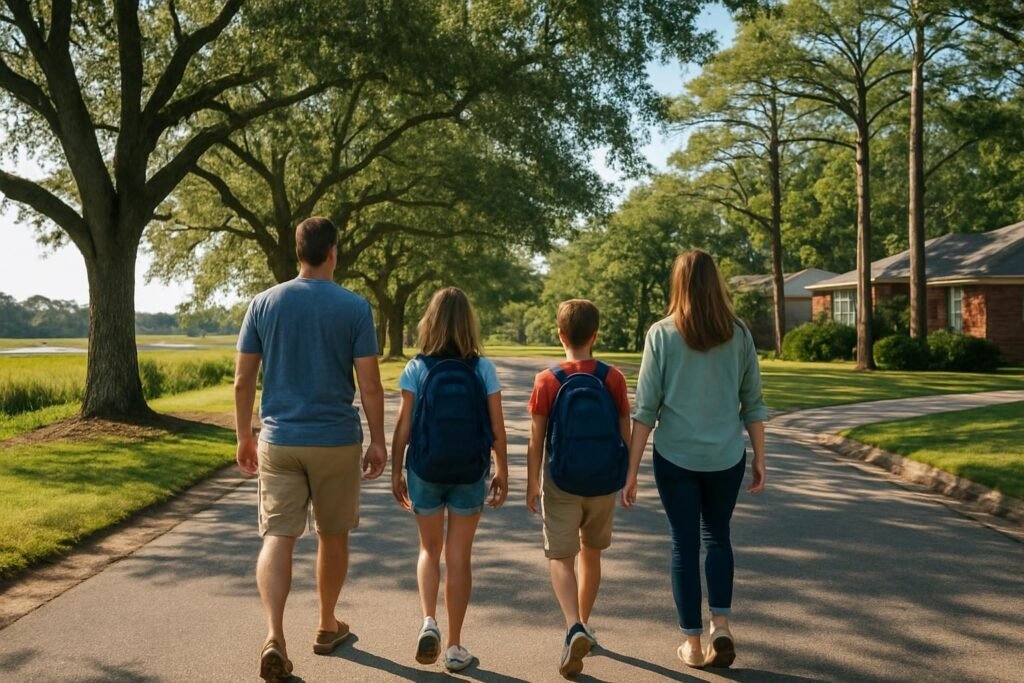 Family walking to school on a tree-lined street, illustrating an Onslow County schools guide for new families
