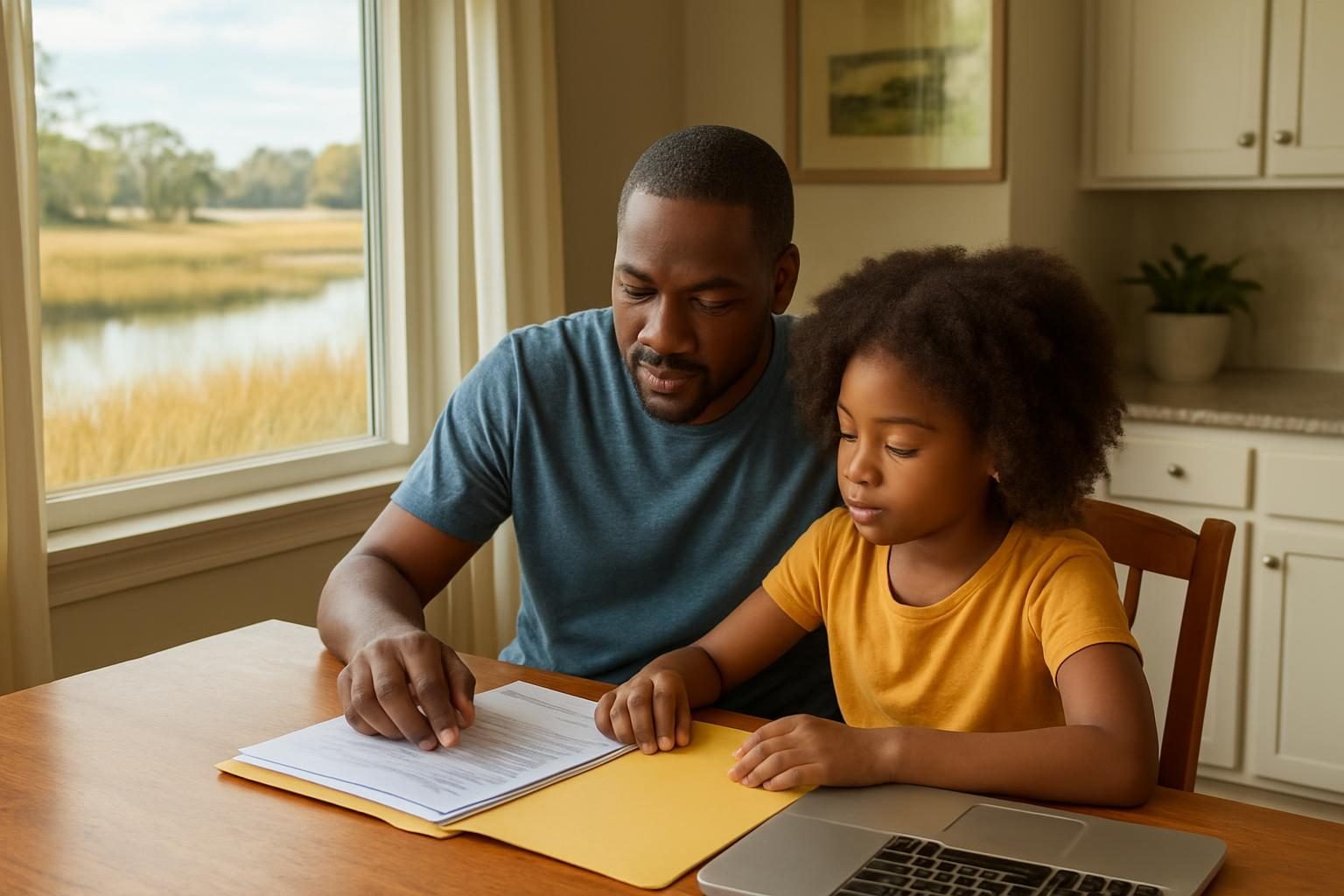 Parent and child reviewing school enrollment paperwork at a kitchen table