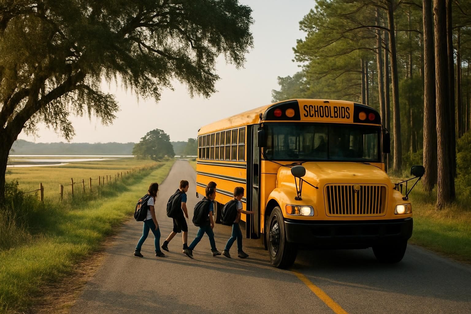 School bus picking up children on a rural eastern North Carolina road
