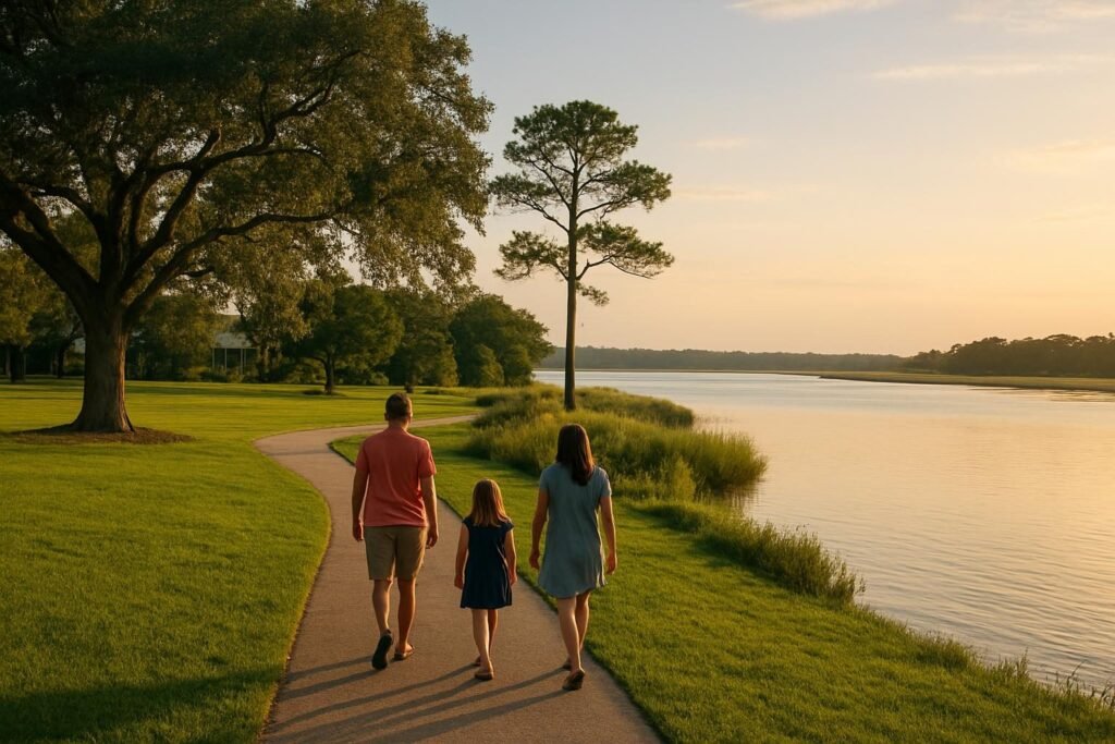 Waterfront park along a calm river at sunset, one of the best parks in Jacksonville NC