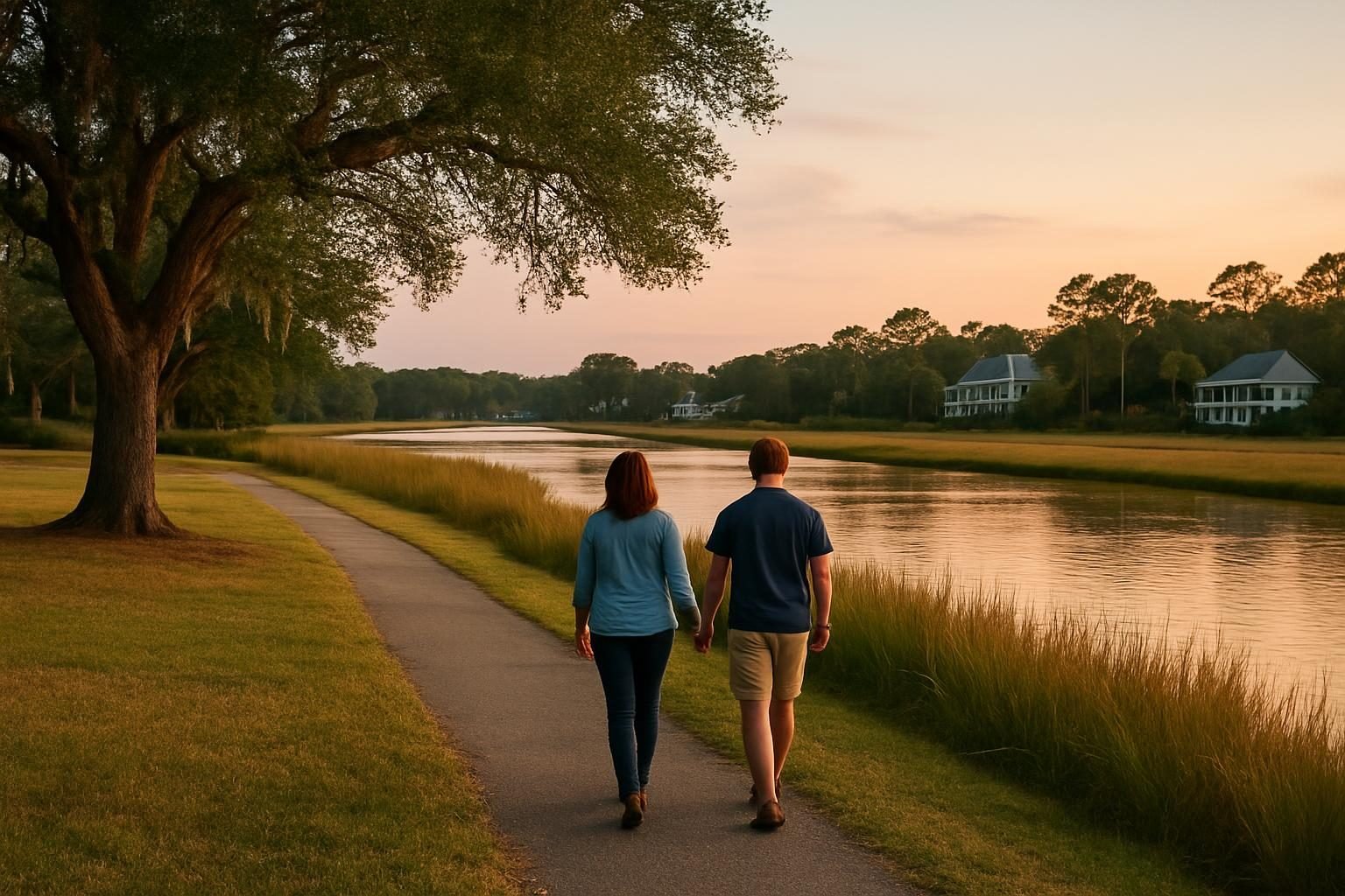 Walkers on a riverfront path at dusk beside marsh grasses