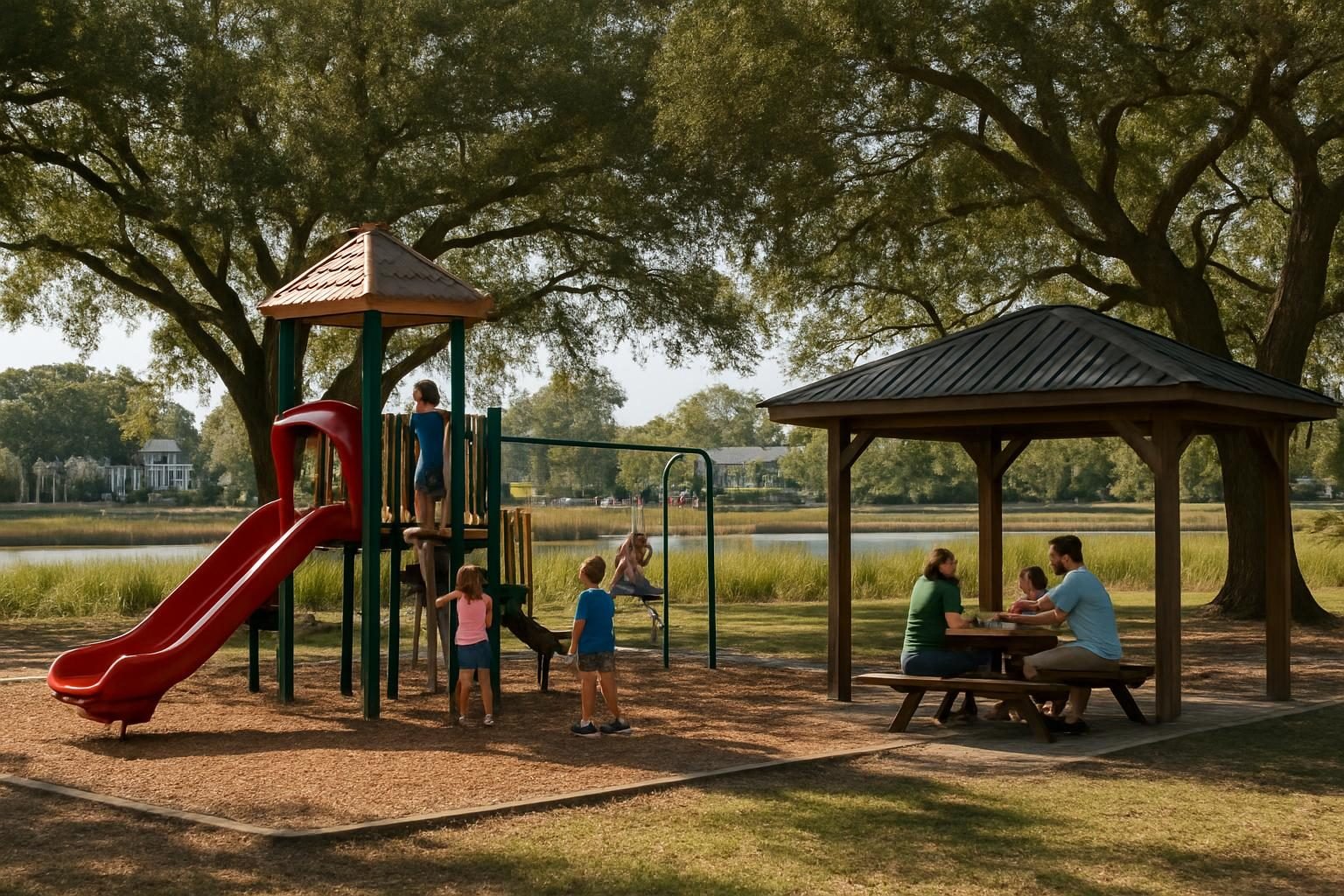 Children playing at a neighborhood park playground with picnic shelter