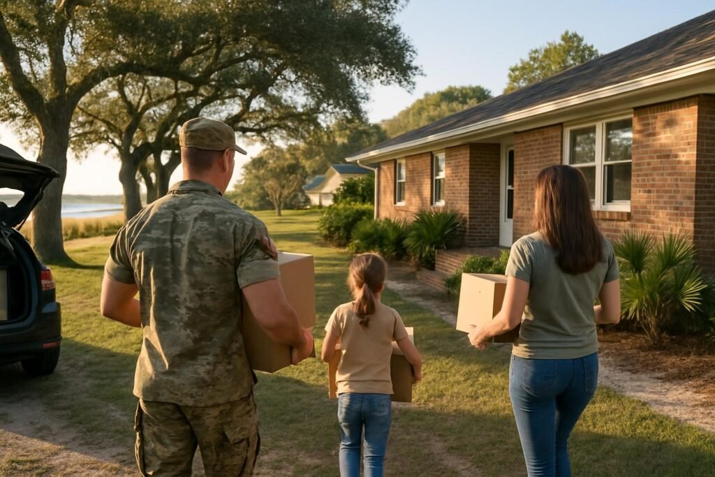Family unloading boxes at a coastal home during a PCS guide first month in Jacksonville, NC