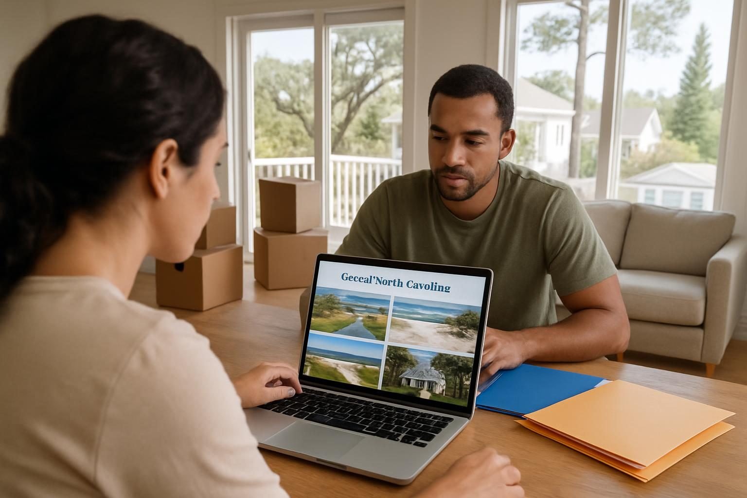 Couple organizing paperwork and moving boxes in a new rental home