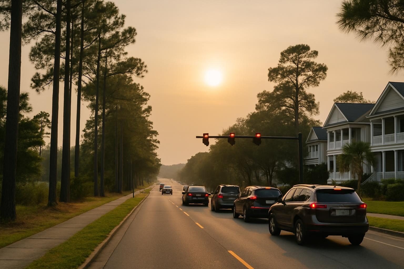 Late afternoon traffic on a tree-lined coastal North Carolina road