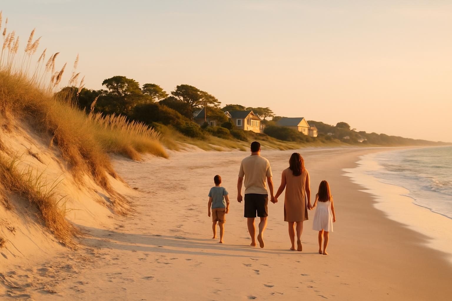 Family walking on a Topsail Island beach near dunes and sea oats