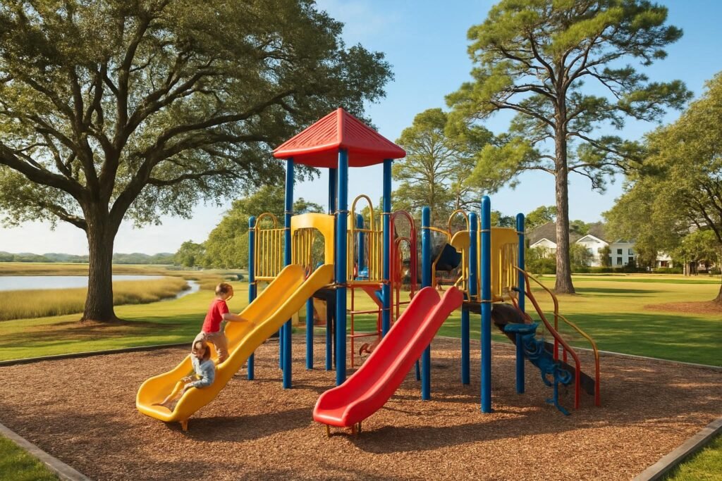 Children playing at one of the playgrounds in Jacksonville, NC on a sunny morning
