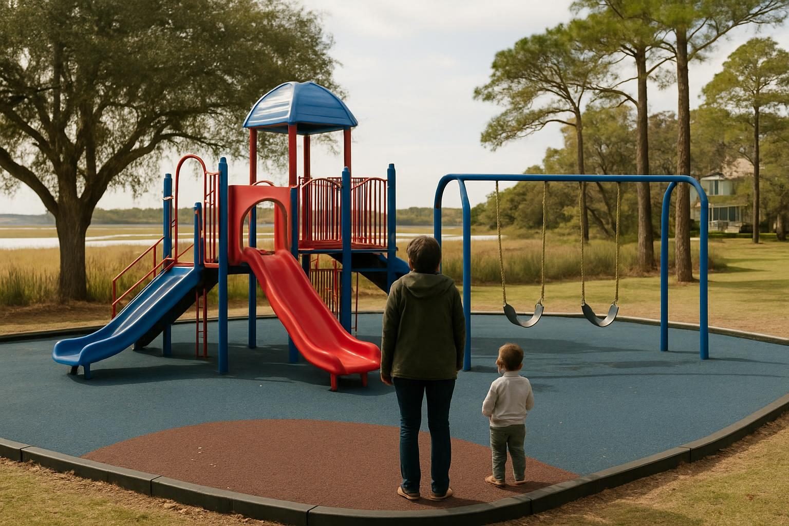 Classic play structure with slides and swings at a neighborhood park