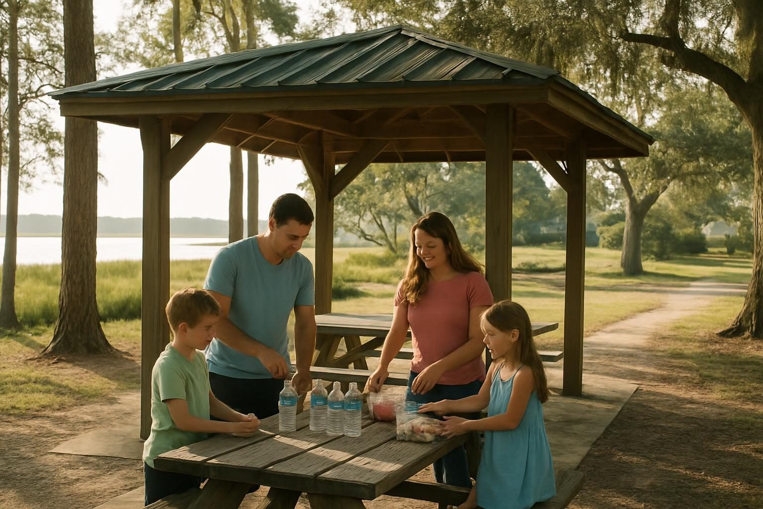 Family at a shaded picnic shelter near a park playground