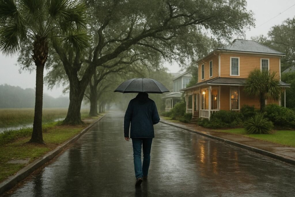 Rainy day things to do in Jacksonville, NC: a person with an umbrella walking down a wet coastal street