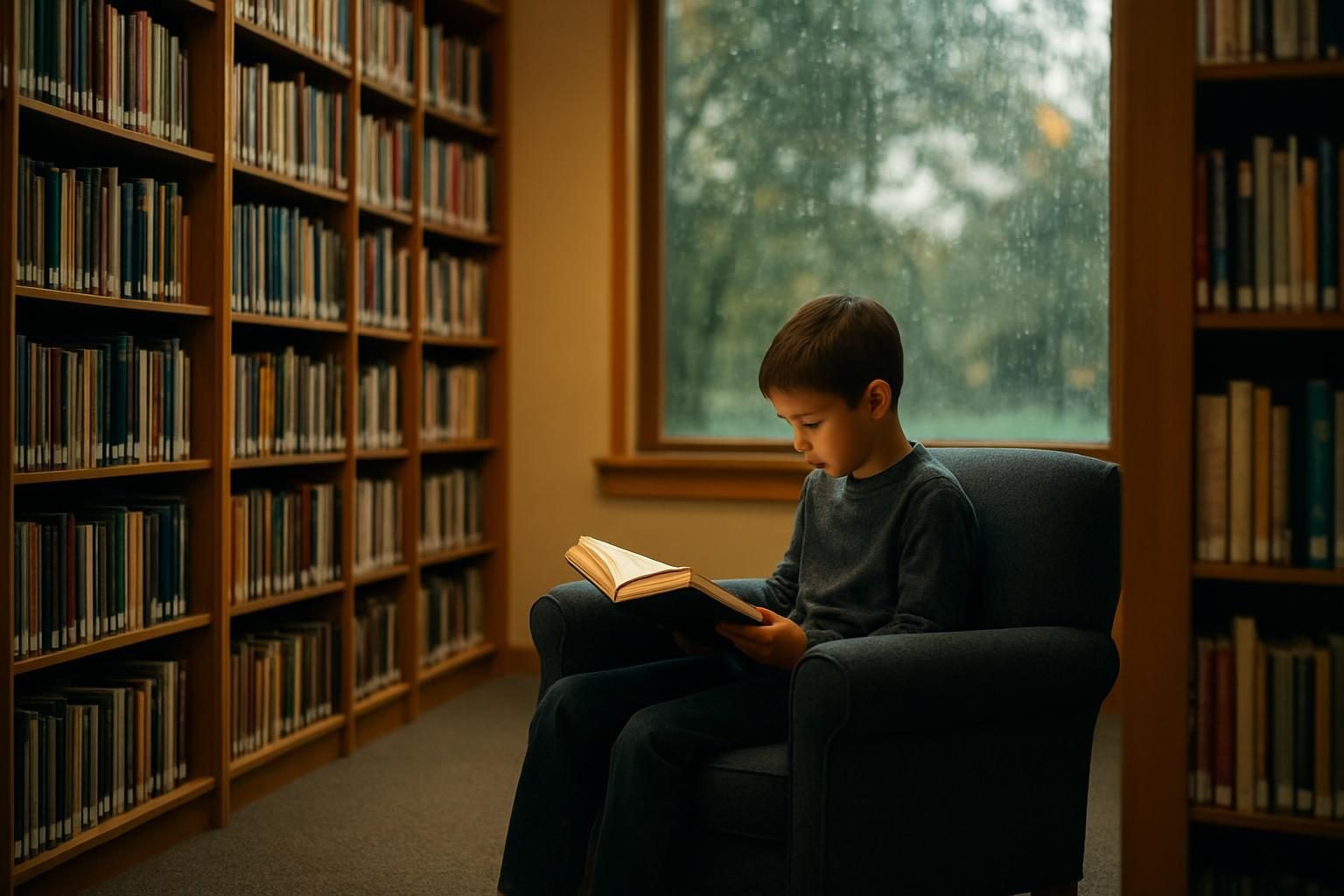Child reading in a cozy library by a rain-streaked window