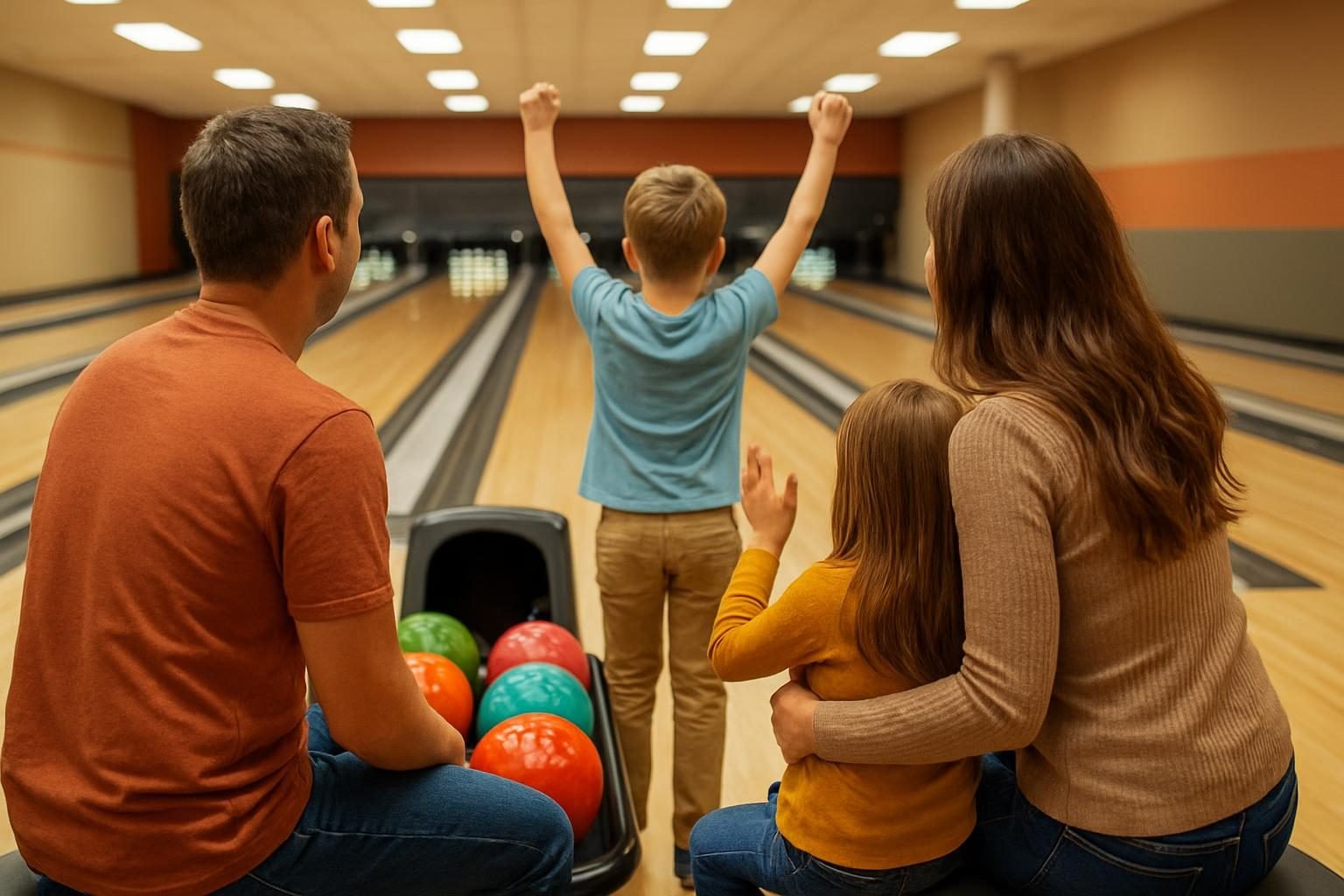 Family bowling together at an indoor bowling alley