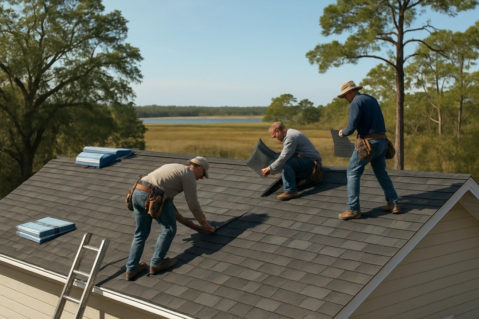 Roofers installing asphalt shingles on a pitched home roof