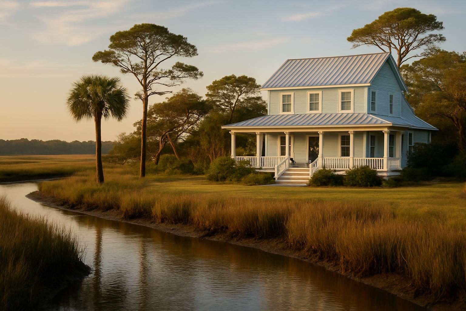 Metal roof on a coastal home near a salt marsh
