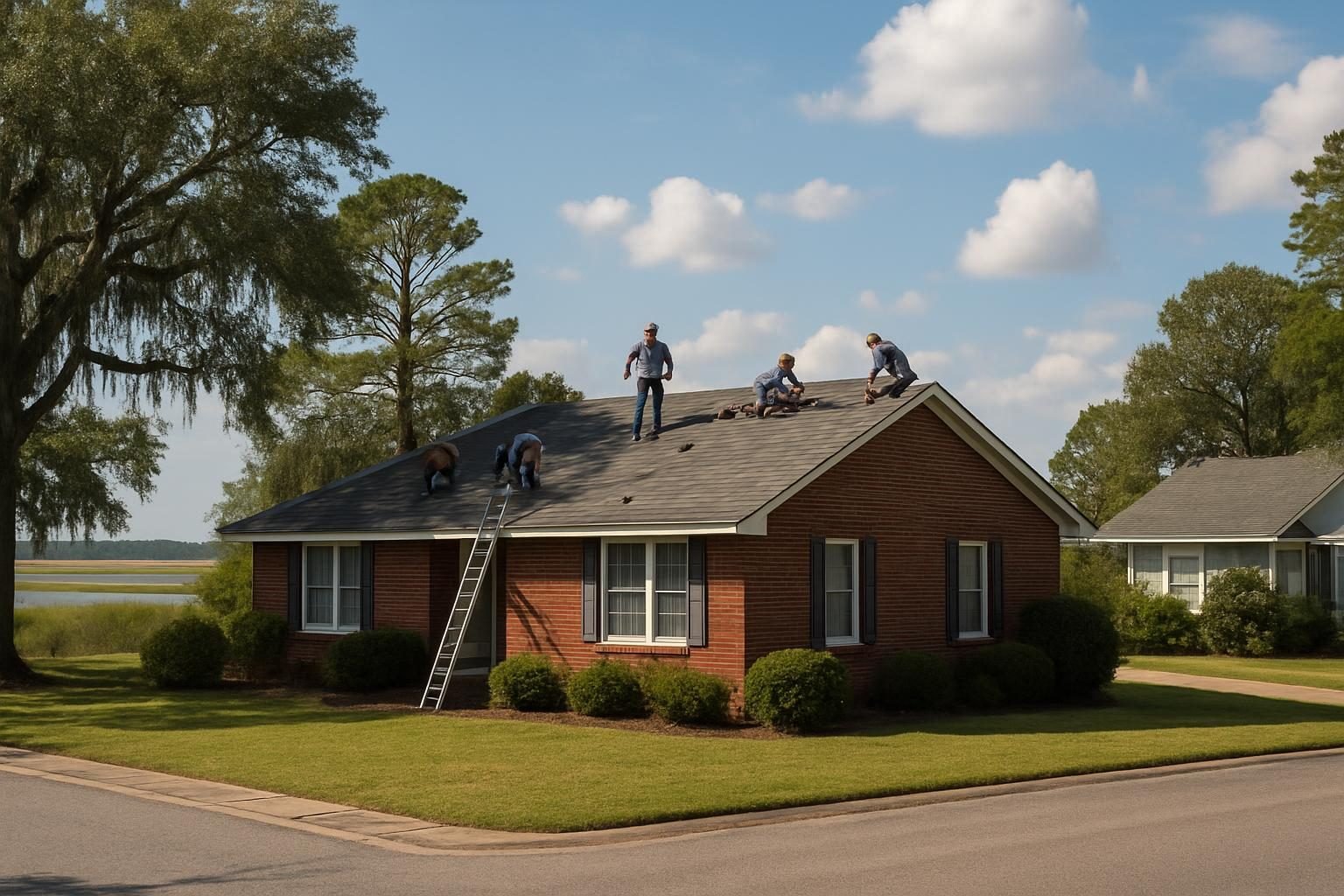 Roofing crew working on a brick home in a quiet Southern neighborhood