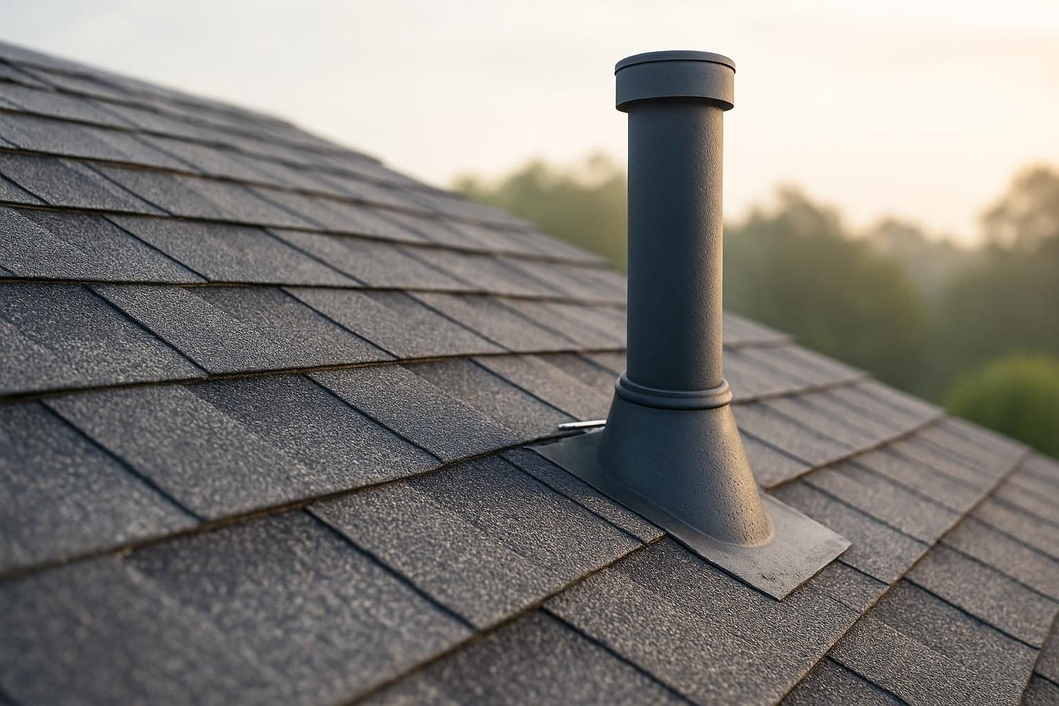Close-up of wind-rated shingles, flashing and roof vent on a coastal home