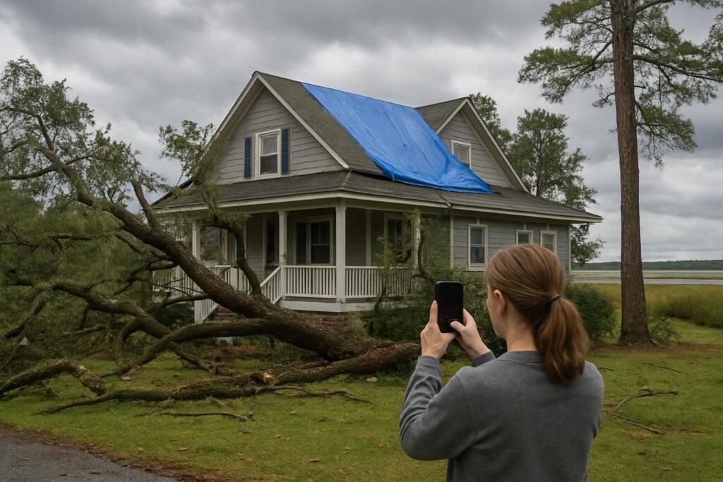 Homeowner documenting roof damage for storm damage repair in Jacksonville, NC after a hurricane