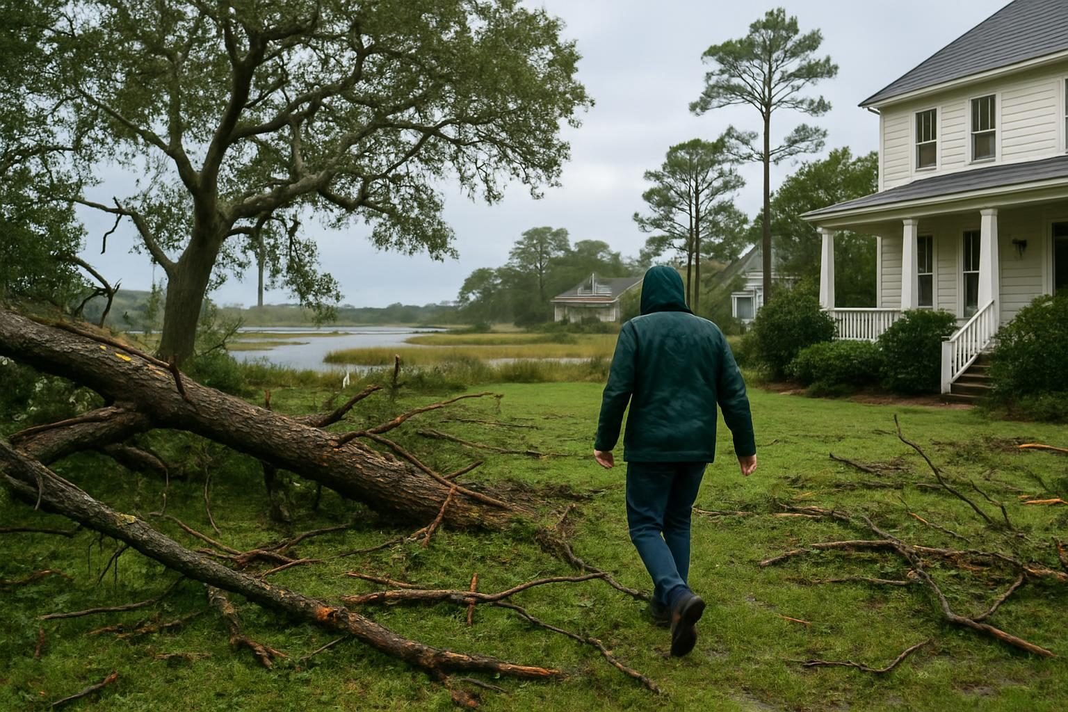 Storm debris and fallen tree limbs in a coastal North Carolina yard after a hurricane
