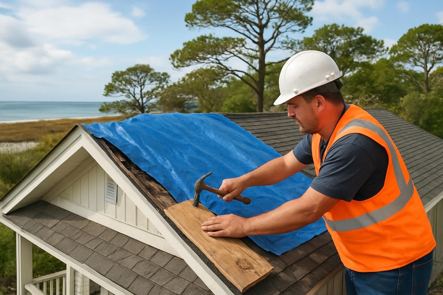 Contractor installing a temporary roof tarp on a storm-damaged home