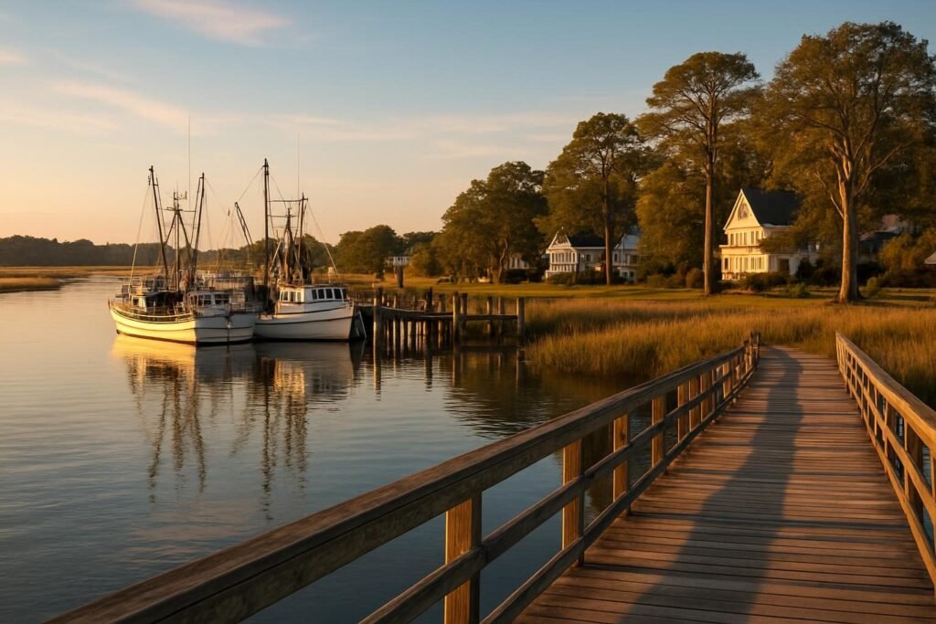 Swansboro NC restaurants along the White Oak River waterfront at sunset
